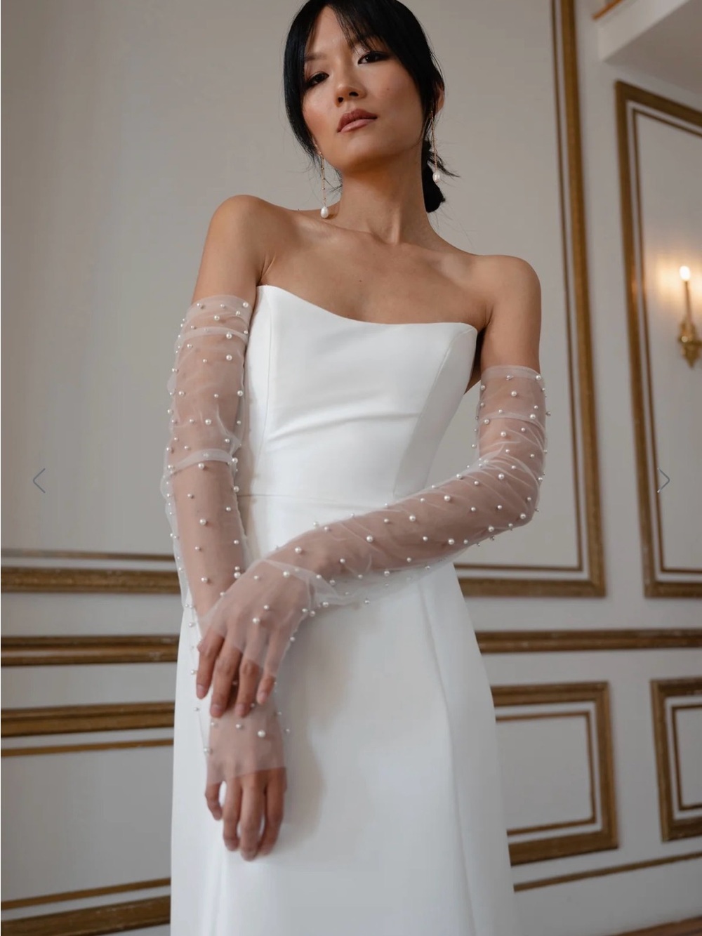Jenny Yoo Sheer Pearl-Embellished Long Bridal Gloves in White